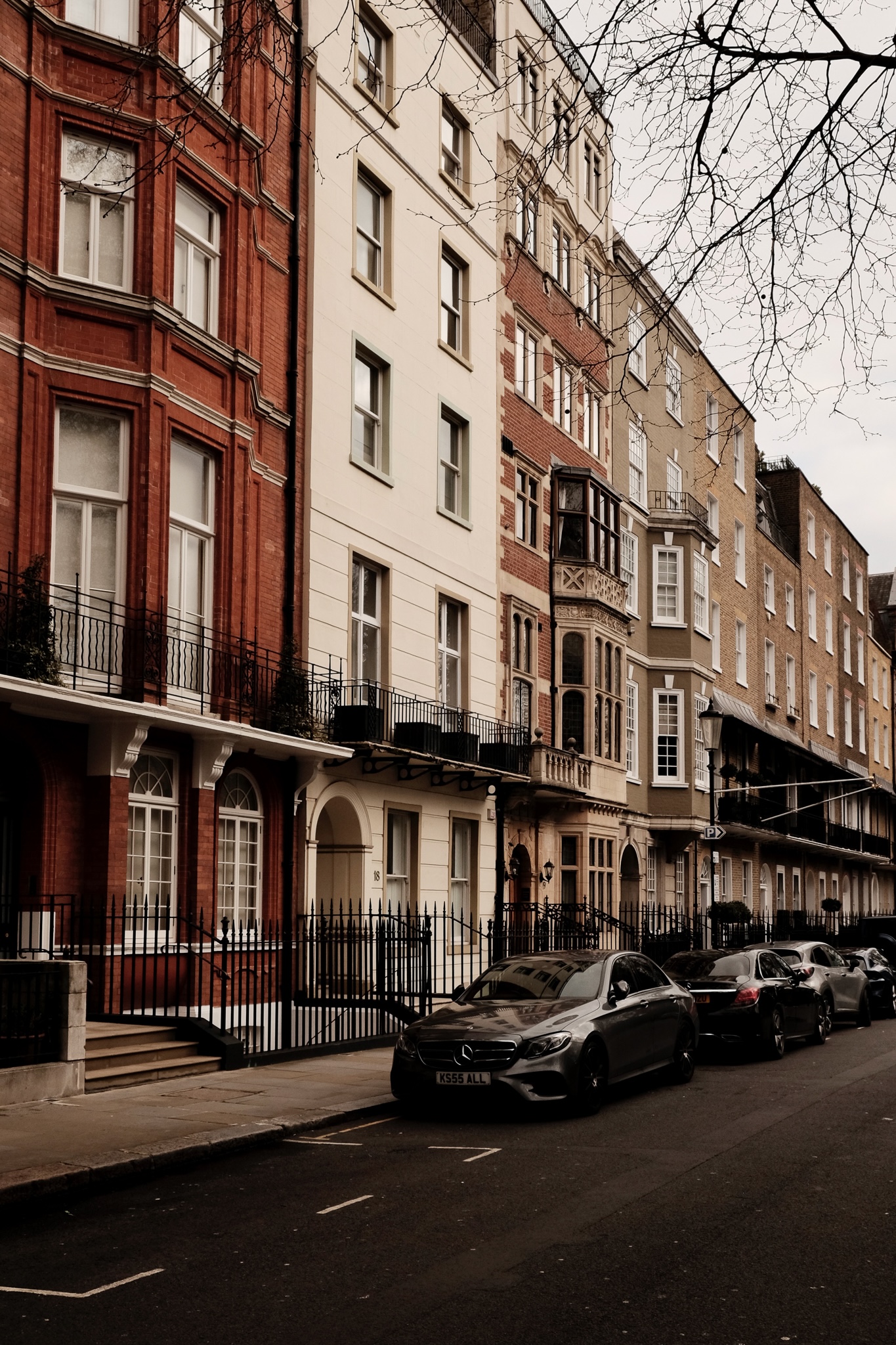 Fourty five degree angle of stacked flats with ornate architecture in Belgravia