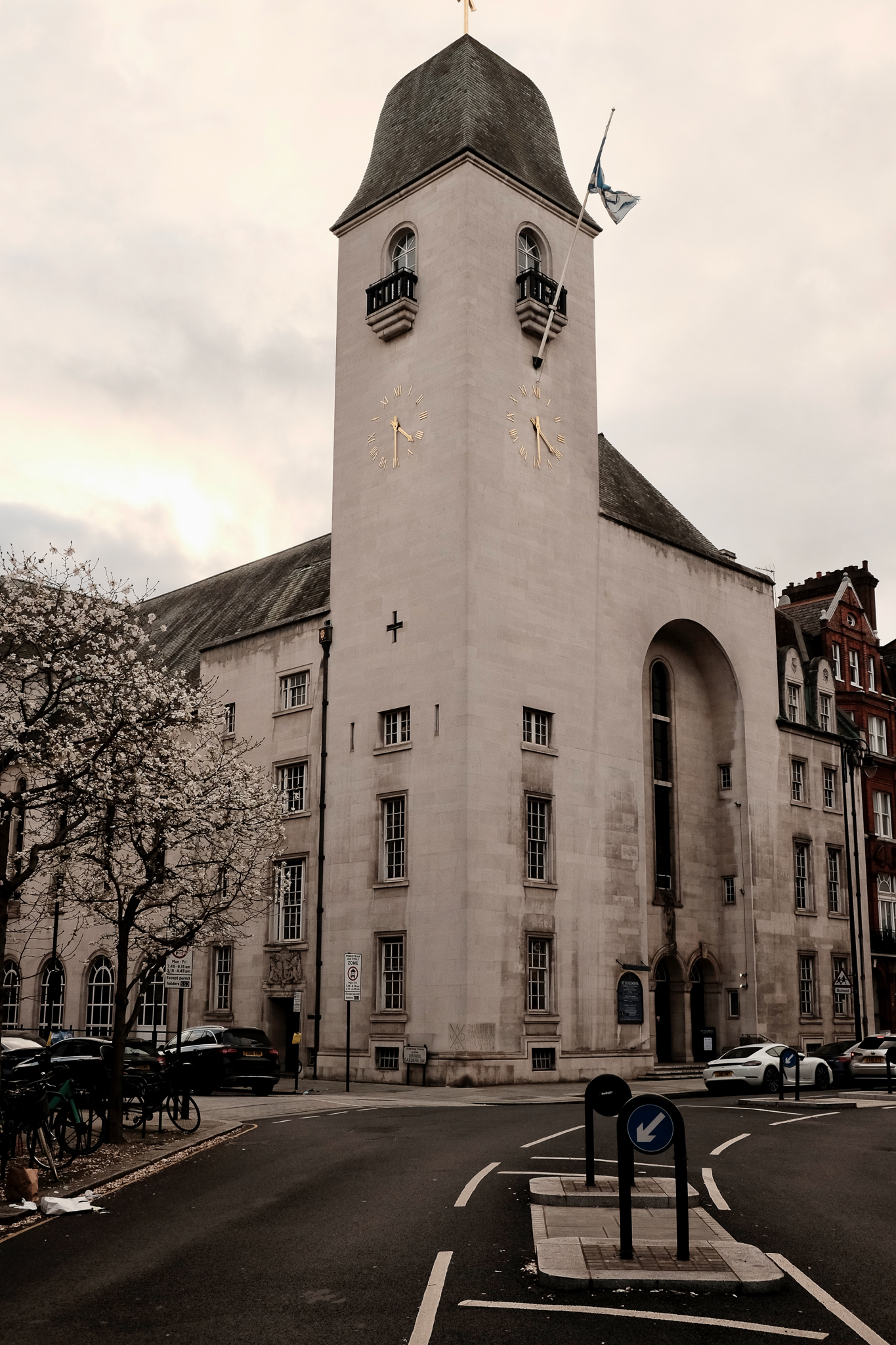 A white church of Scotland on a cloudy day