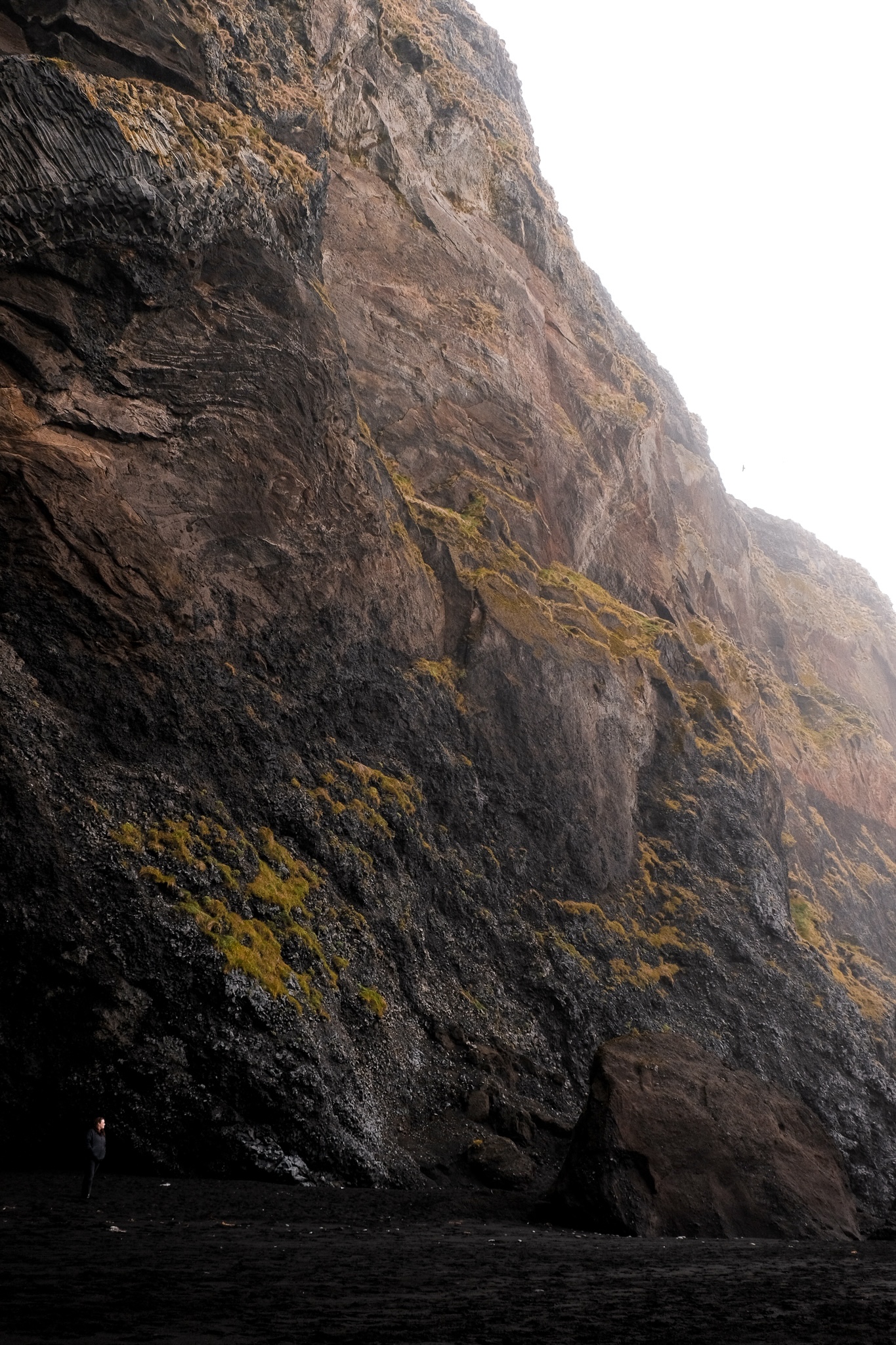 Mountain face with patches of green and yellow grass, mixes of brown and black rock, against the black beach, with Jenna standing in the bottom left looking to the top right of the image from which the white sky shines down on her