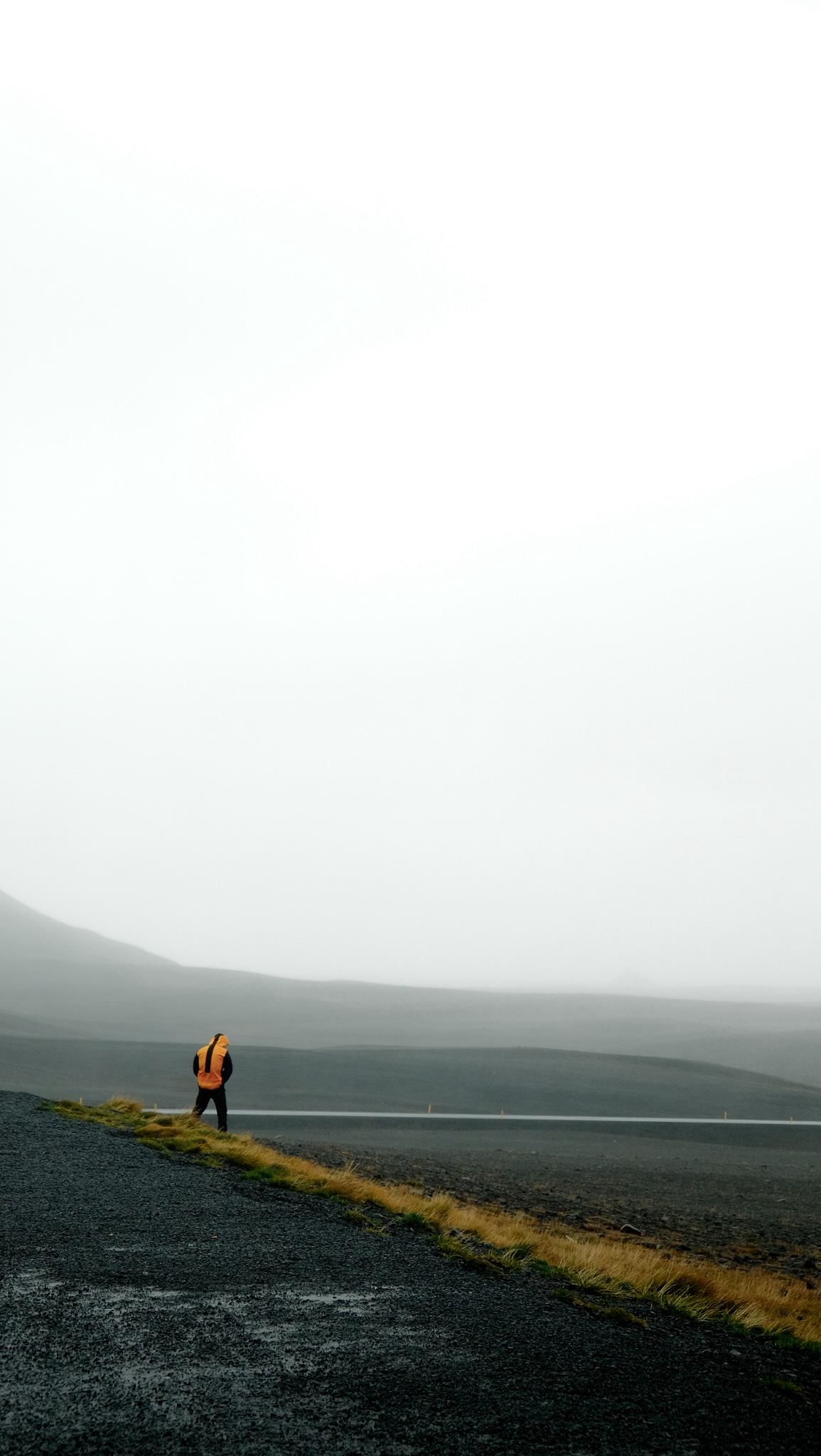 A man's back against an extremely windy mountain pass as he urinates publically into the distance without a care