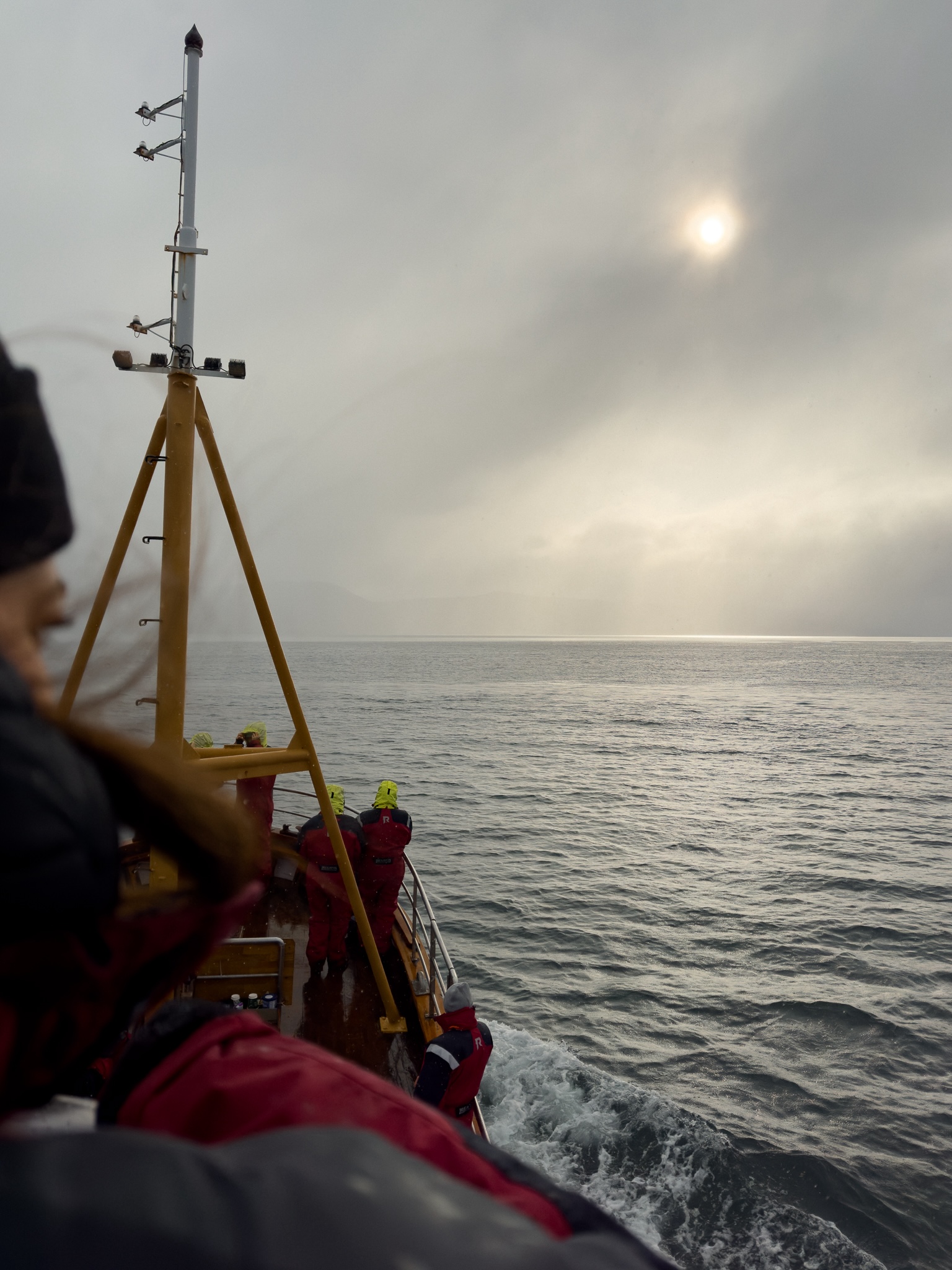 Whale watching from a old fishing boat, the water of a fjord reflecting the sun trying hard to break through thick white rain clouds